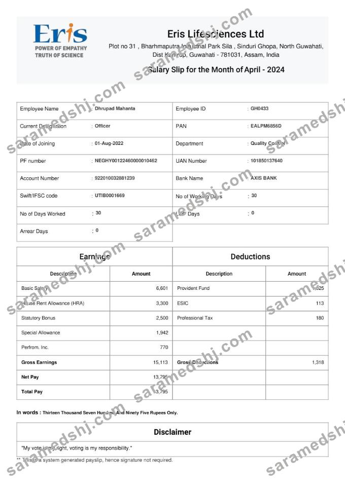Eris Lifesciences salary slip template in Word and PDF formats.pdf, 1